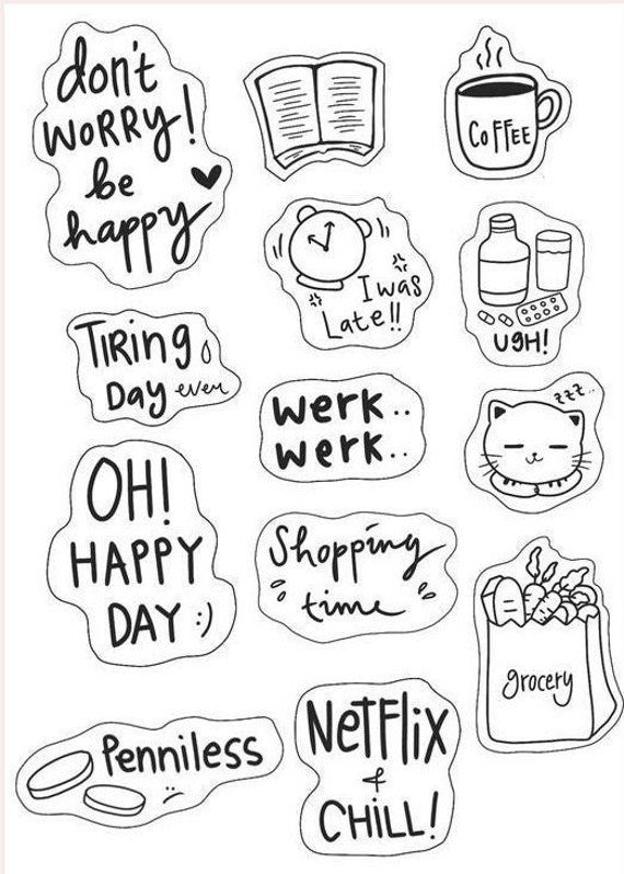 some stickers that say different things to do in the day, including coffee and books