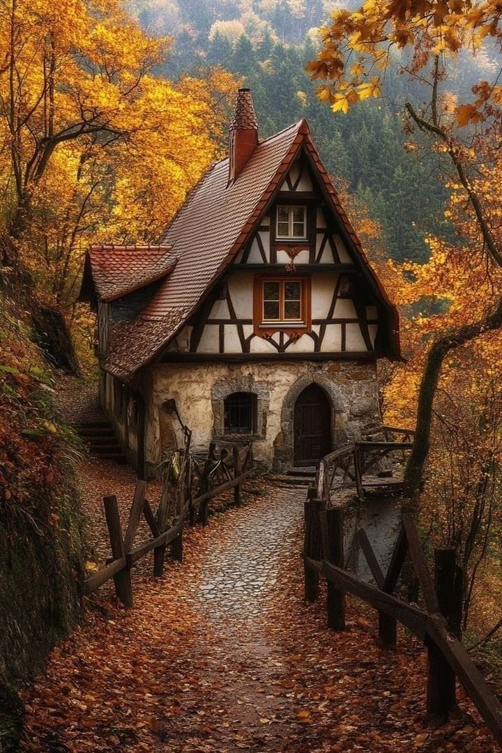 an old house in the woods surrounded by fall leaves