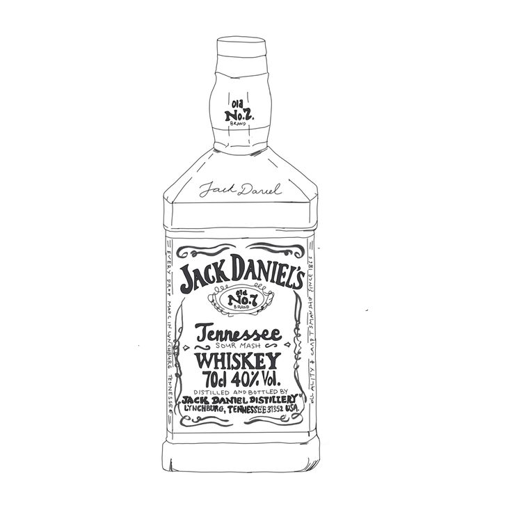 a bottle of jack daniels whiskey drawn in pen and ink on white paper with black writing