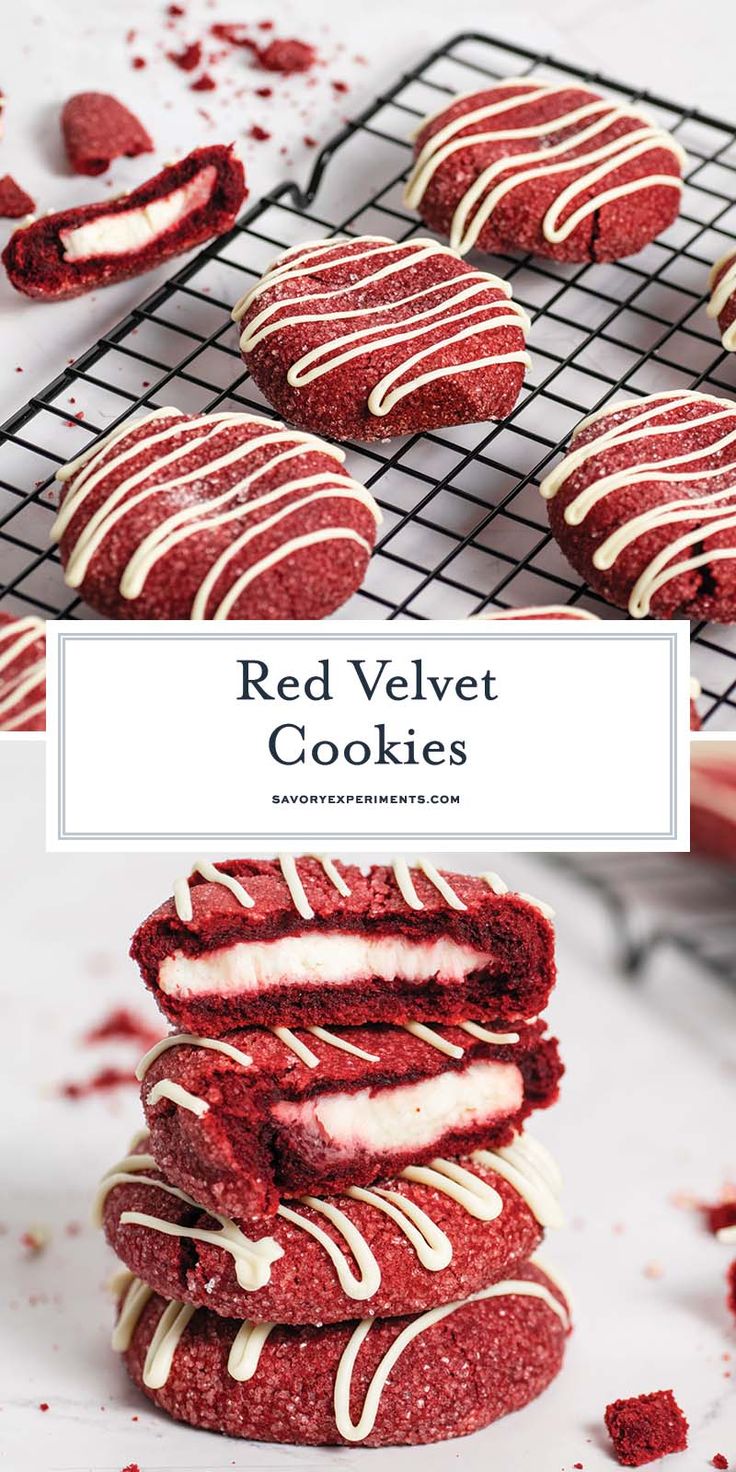 red velvet cookies with white chocolate drizzled on top and the words, red velvet cookies