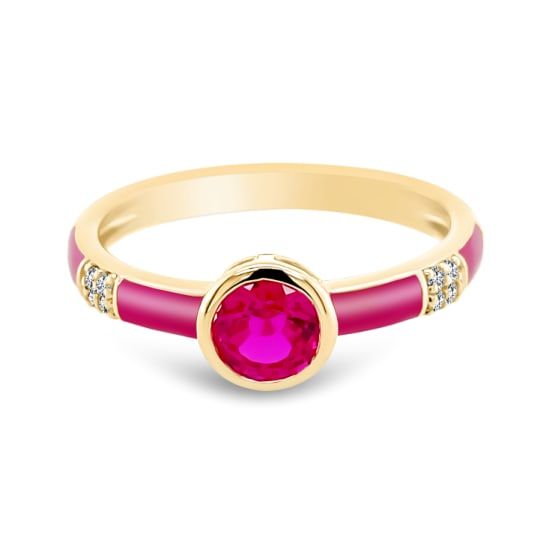 14K Yellow Gold Enamel Ring with  Birthstone and Diamond Ruby Stone, Enamel Ring, Pink Enamel, July Birthstone, Gold Enamel, Ruby Ring, Birthstone, Ruby, Gemstone Rings