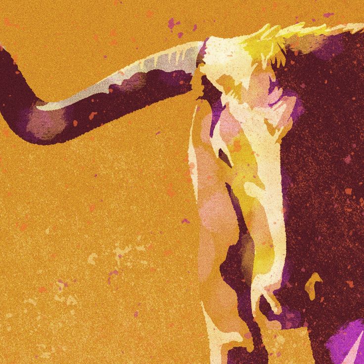 an animal with long horns standing in front of a yellow background and purple paint splattered on it's face