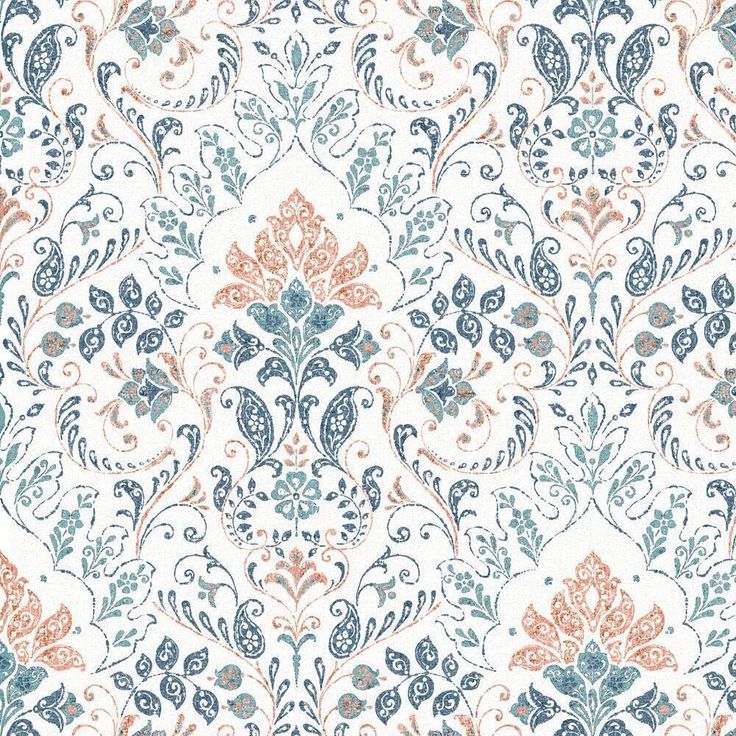 an ornate wallpaper pattern with blue, orange and white colors