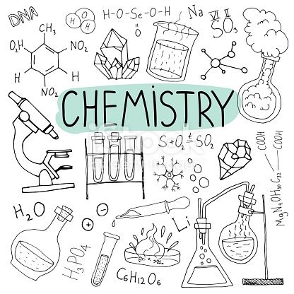 the word chemistry surrounded by doodles of science related items