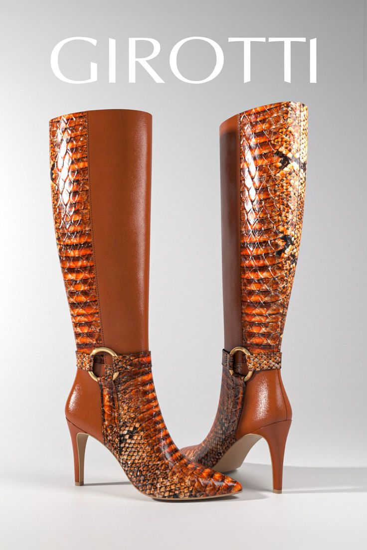 An exquisite twist on timeless knee-high boots! Crafted with luxurious snake leather details, these boots bring bold elegance to any look. A truly standout pair that’s ready to make an impression. 🤎 Orange Leather High Heel Boots, Cognac Heels, Funky Shoes, Snake Leather, Everyday Shoes, Pointed Toe Heels, Signature Look, Stylish Shoes, Shoe Game