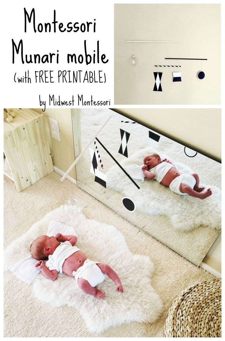 there is a baby laying on the floor in front of a mirror and another photo with text that reads montessoi munari mobile with free printables