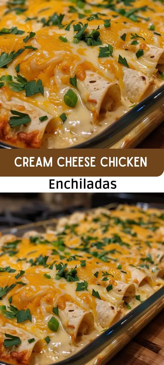 two pictures showing different types of cheese chicken enchiladas