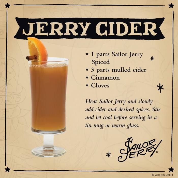 an advertisement for jerry cider featuring a glass with orange slice and cinnamon in it