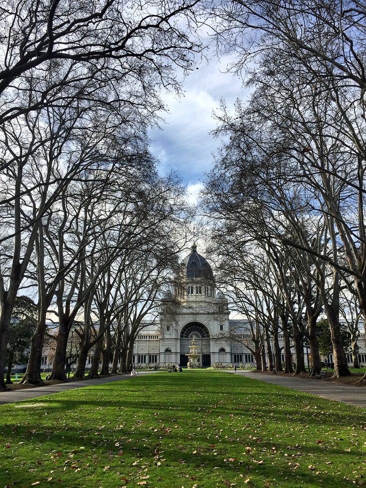 the building is surrounded by trees and grass