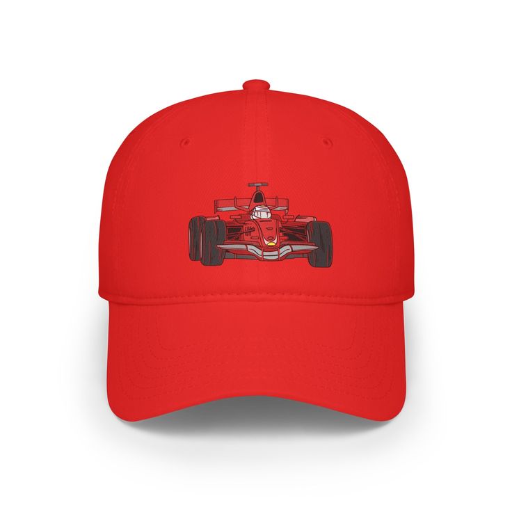 a red cap with a racing car drawn on it