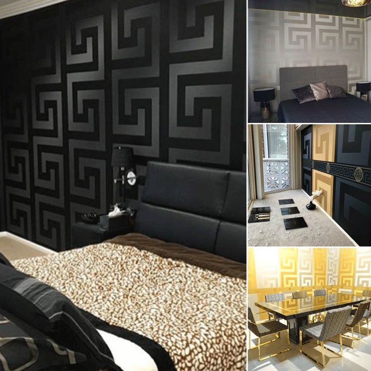 a collage of photos with black and gold decor in different rooms, including a bed