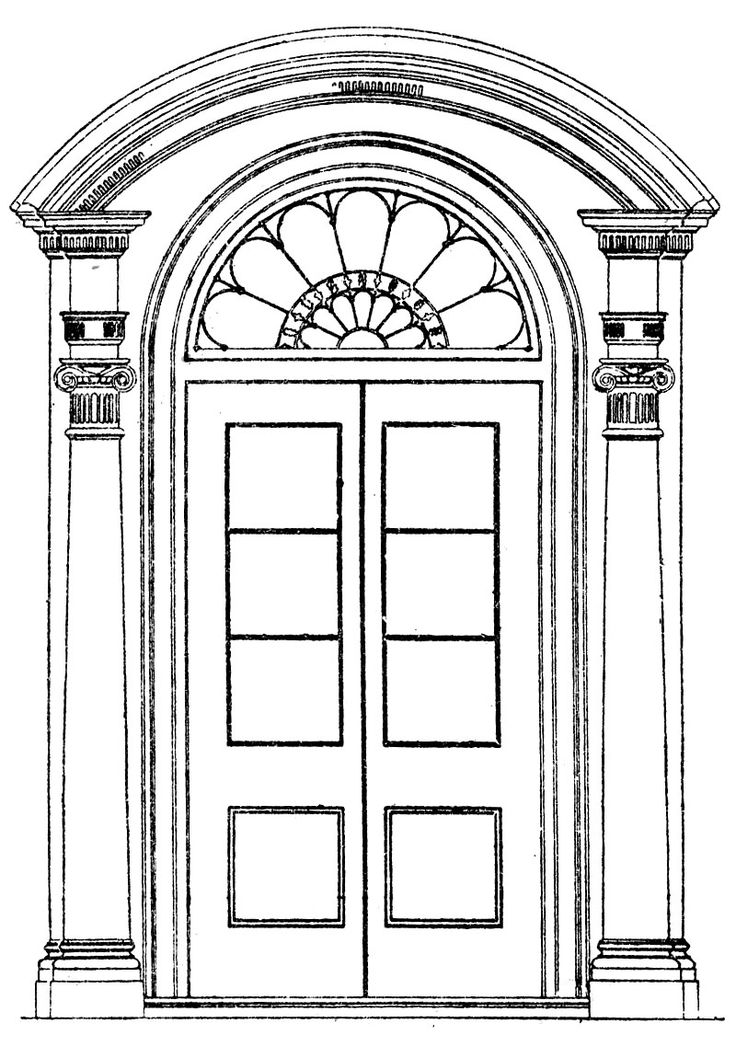 the front door to an old building with arched glass and columns, vintage line drawing or engraving