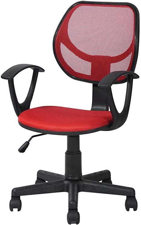 an office chair with red mesh back and arms