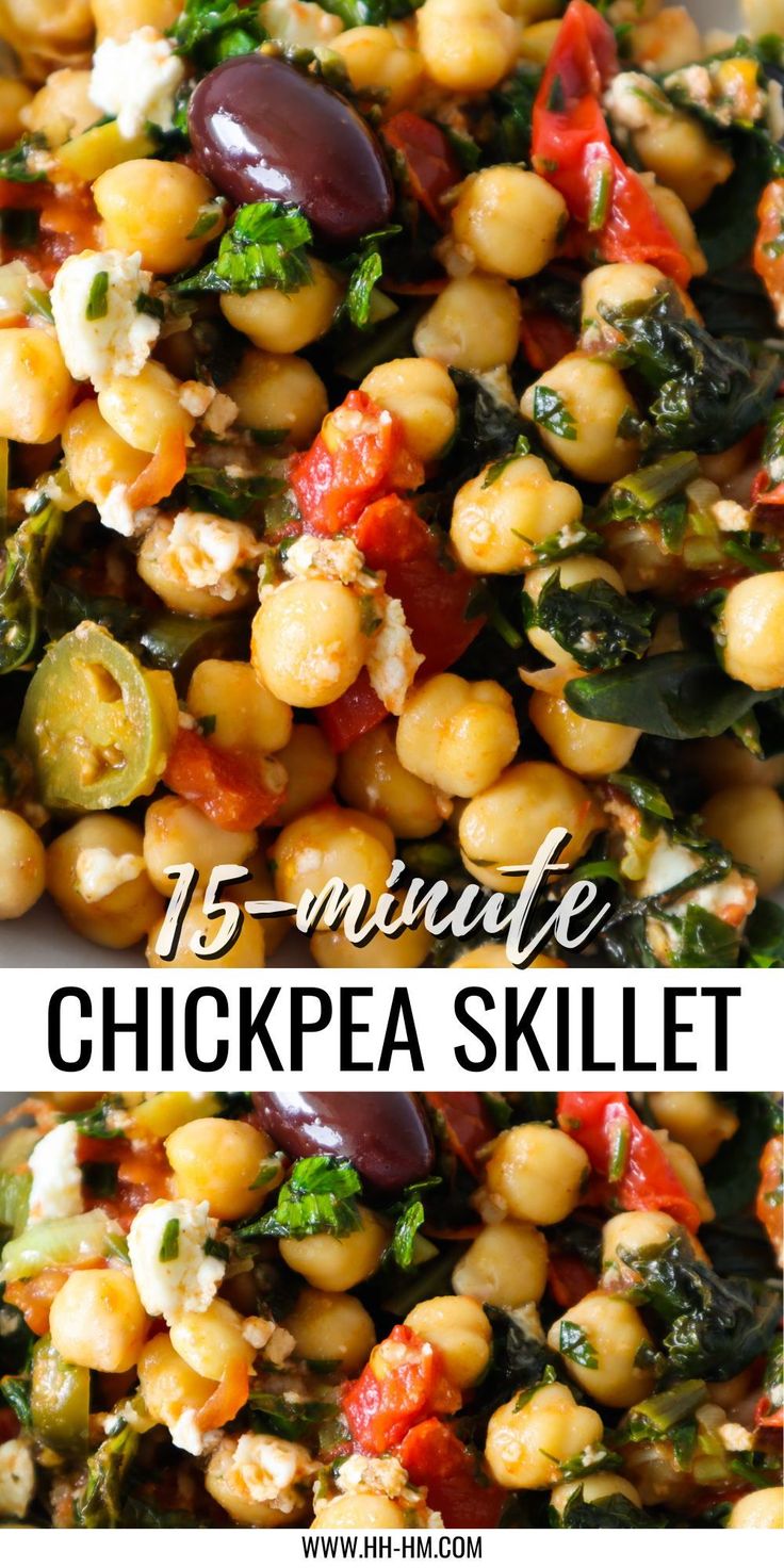 chickpea skillet with spinach, tomatoes and other vegetables on it in a white bowl