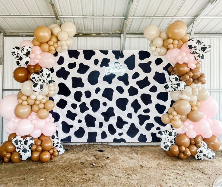 Cowgirl theme balloon arch with cow backdrop and happy birthday neon sign. Cow Print Photo Backdrop, Cow Theme Balloon Arch, Cowgirl Backdrop Ideas, Cow Print 21st Birthday, Highland Cow Balloon Arch, Cow Themed Birthday Party Decoration, Cow Print Birthday Party Ideas, Cowgirl Balloon Arch, Cow Balloon Arch