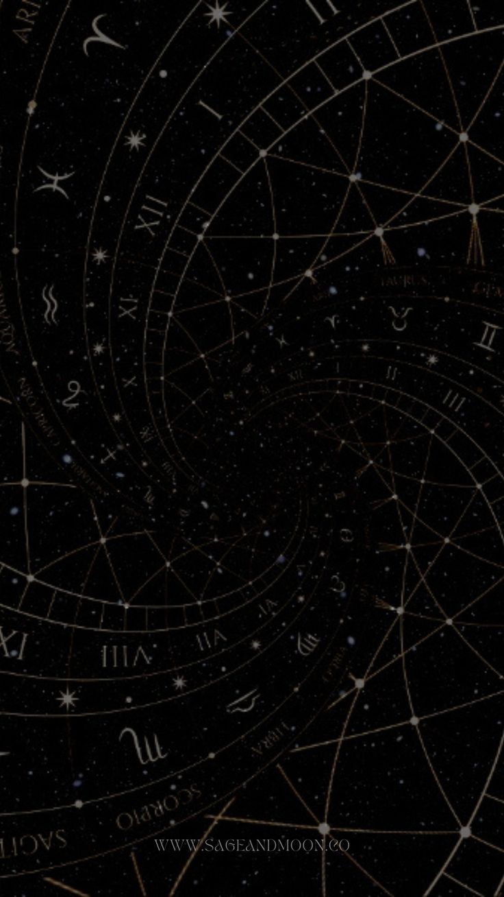 the zodiac sign is shown in gold on a black background with stars and lines all over it