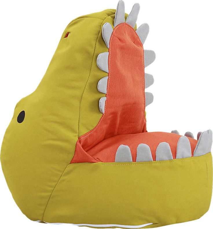 a yellow dinosaur shaped chair sitting on top of a white floor