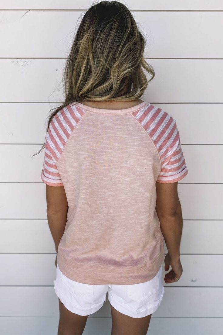 Pink Crewneck Raglan Sleeve Striped Patchwork T-shirt Casual Color Block Raglan Sleeve T-shirt, Spring Cotton T-shirt With Striped Sleeves, Casual White Spliced T-shirt, Pink Patchwork T-shirt For Summer, Casual Short Sleeve T-shirt With Splicing, Summer Raglan Sleeve Color Block Tops, Summer Color Block Raglan Sleeve Tops, Summer Cotton Blouse With Striped Sleeves, Summer Color Block Tops With Raglan Sleeve