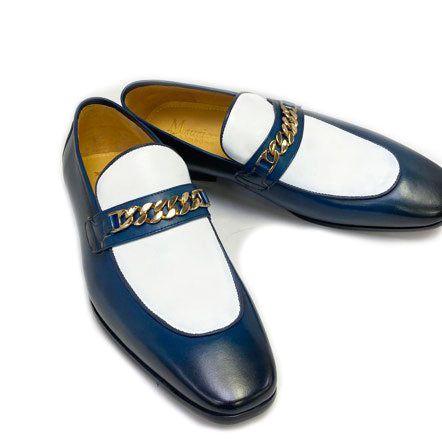 Calfskin Spectator Loafer Navy/White Elegant Calfskin Two-Tone slip-on Spectator Penny Loafer from the Carrucci collection features Gold Chain Detailing, full Leather Lining and a clean welt! White Leather Slip-ons For Office, White Plain Toe Moccasins With Leather Sole, White Loafers With Leather Sole And Plain Toe, White Moccasins With Leather Sole And Plain Toe, White Moccasins With Leather Sole, White Slip-on Leather Shoes For Office, White Moccasins With Leather Sole For Business, White Leather Sole Moccasins For Business, White Plain Toe Loafers With Rubber Sole