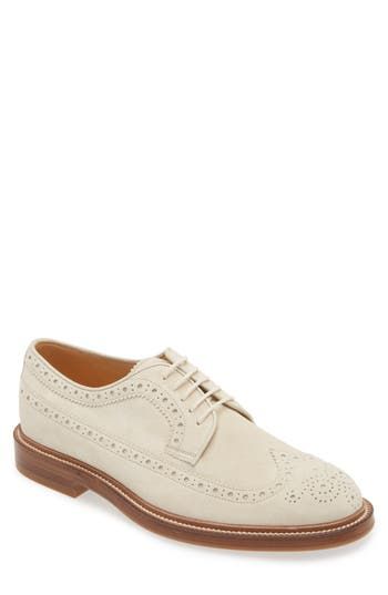 Intricate brogue details underscore the refined aesthetic of a longwing derby crafted in Italy from velvety calfskin suede and set on a complementary sole Lace-up style Leather upper and lining/leather and rubber sole Made in Italy Designer Shoes Classic Wingtip Dress Shoes With Suede Lining, Classic Suede Oxfords, Luxury Derby Shoes With Brogue Detailing For Work, Calf Leather Wingtip Derby For Work, Luxury Brogue Derby Shoes For Work, Luxury Wingtip Derby For Business Casual, Timeless Suede Dress Shoes For Formal Occasions, Derby Suede Brogue Oxfords, Suede Brogue Oxfords For Derby