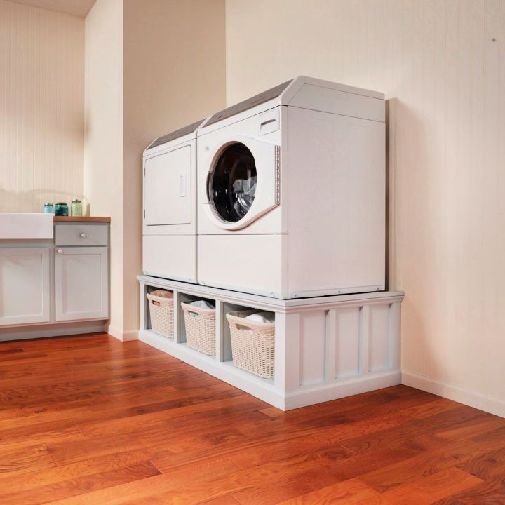 a washer and dryer sitting on top of a wooden floor in a room