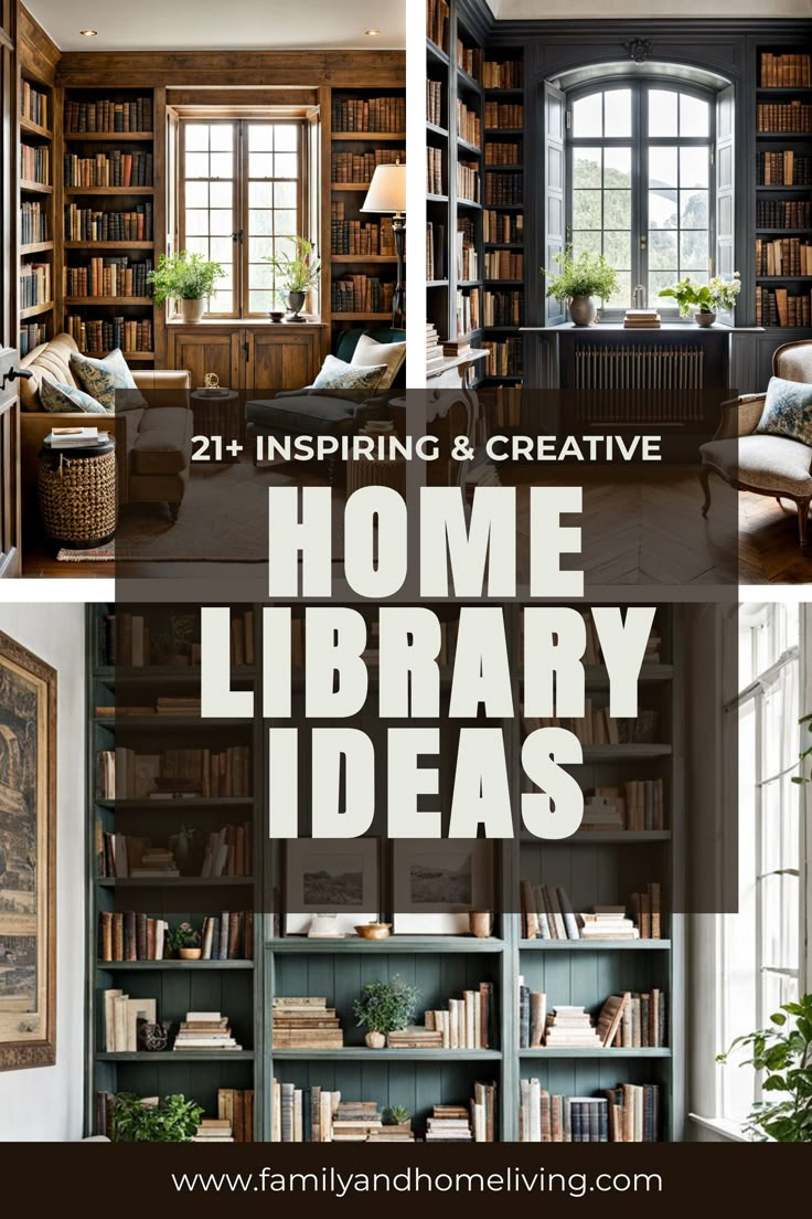 Collage pin featuring a few home library ideas Decorating With Bookcases, Studio Library Ideas, Bookcase Shelving Ideas, Modern Cottage Library, Family Room Bookcase Ideas, Library Diy Bookshelves, Home Library Aesthetic Cozy, Unique Library Ideas, Dark Academia Home Library Aesthetic