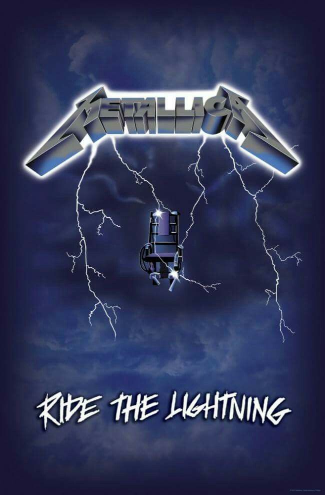 metallic ride the lightning poster on a blue background with clouds and lightnings in the sky