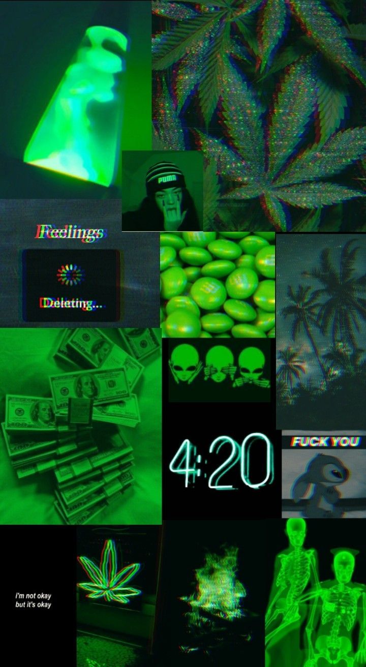 a collage of images with neon green and black colors in the middle one has a plastic bottle, another has money on it