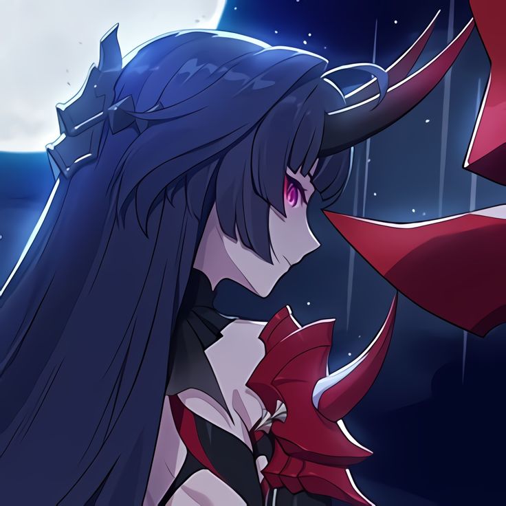 an anime character with long black hair and red horns, standing in front of a full moon