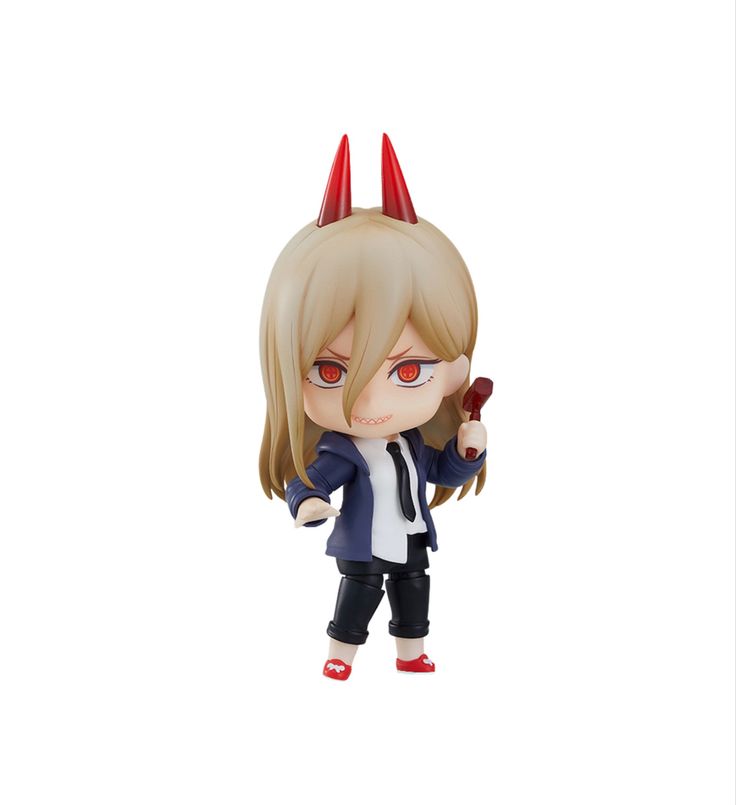 an action figure with horns on it's head and red eyes, holding a knife