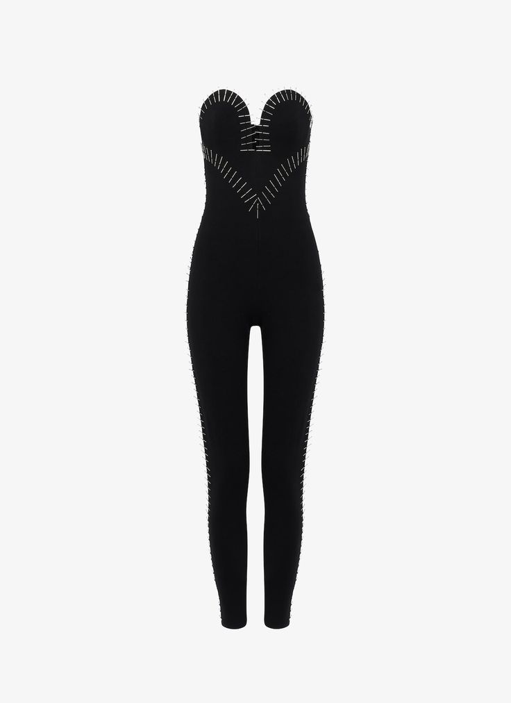 EMBROIDED HEART jumpsuit in wool Heart Jumpsuit, Jumpsuit For Women, Bead Sewing, Knit Jumpsuit, Embroidered Heart, Metal Beads, Dressmaking, Jumpsuits For Women, All Black