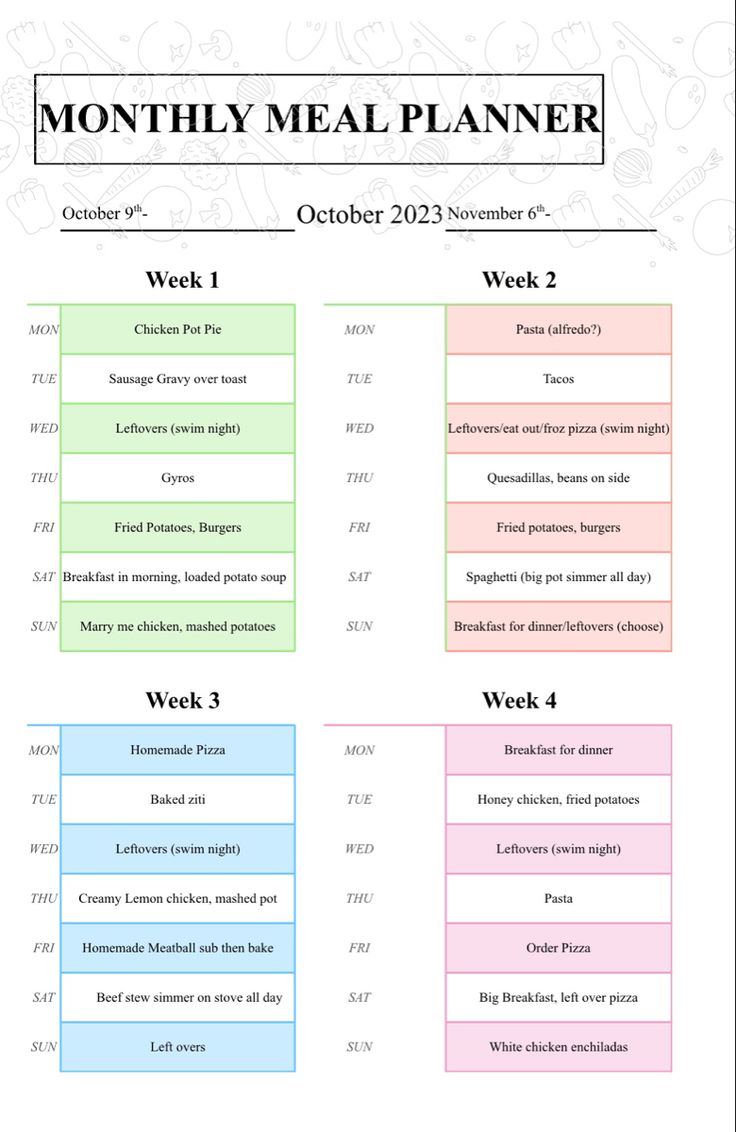 the meal planner is shown in pink, blue and green