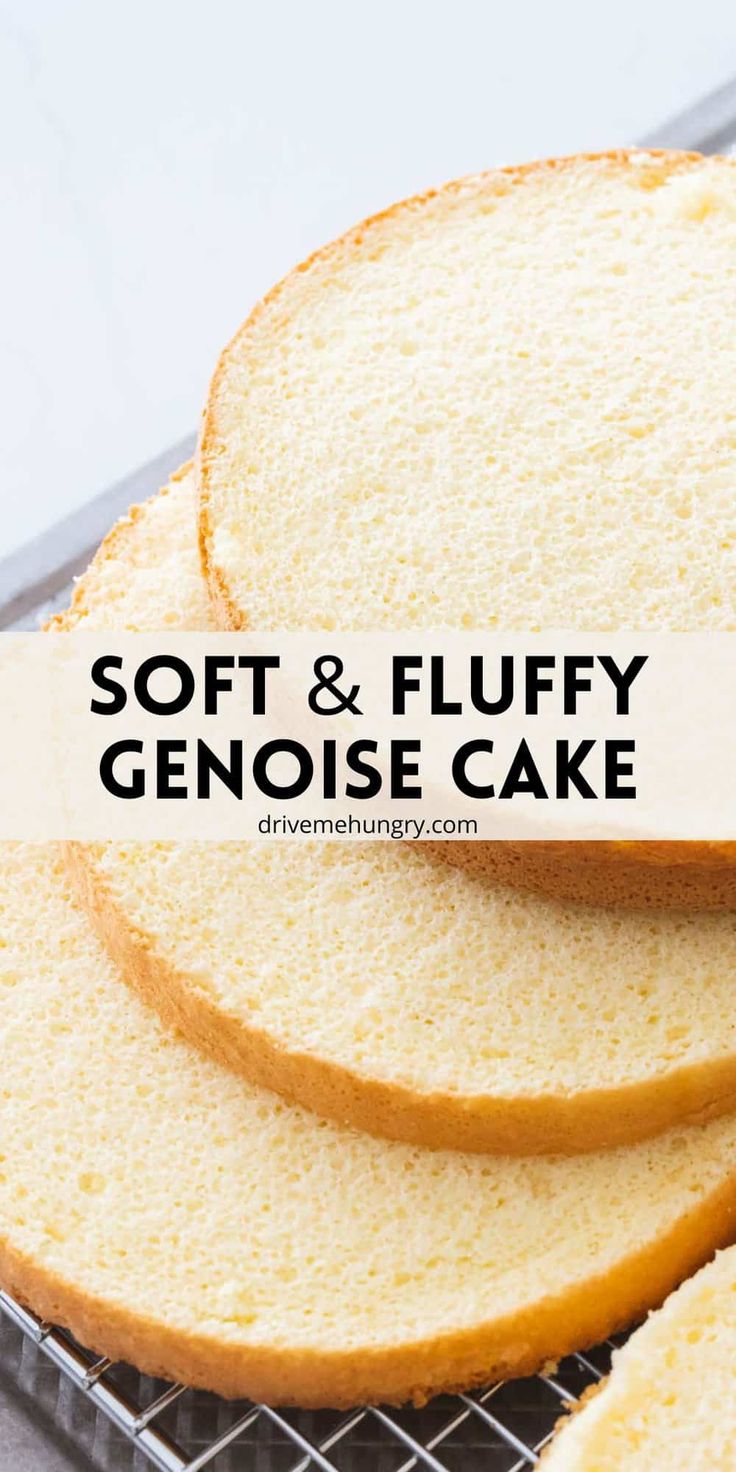 soft and fluffy sponge cake on a cooling rack with the words, soft & fluffy gnoise cake above it