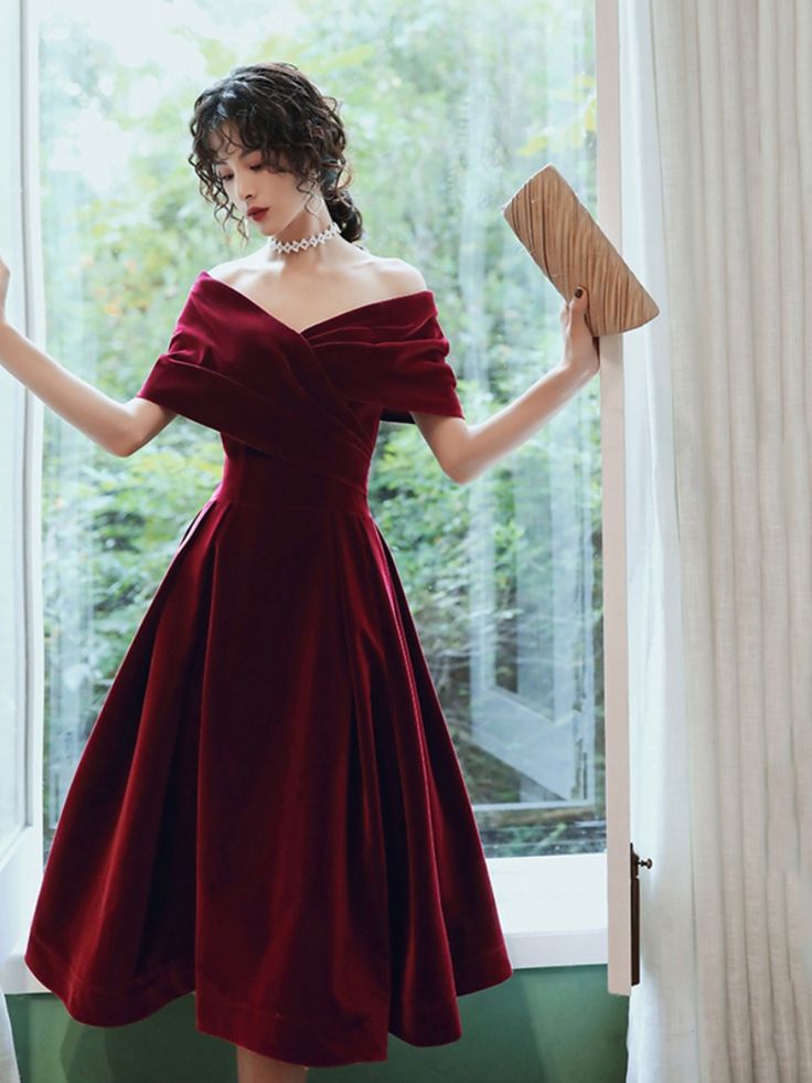 Burgundy velvet short prom dress homecoming dress Tea Length Homecoming Dresses, Maternity Evening Dress, Off Shoulder Evening Dress, Strapless Party Dress, Red Dresses Classy, 파티 드레스, Short Prom Dress, Fancy Jewellery, Short Prom