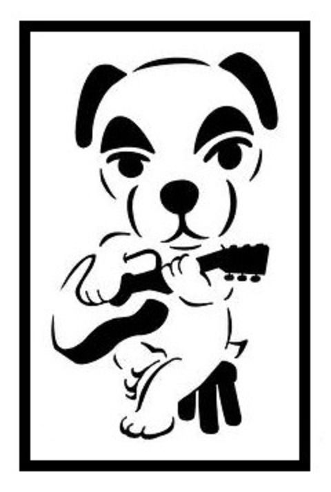 a black and white drawing of a dog holding a guitar in its paws, with the caption's name on it