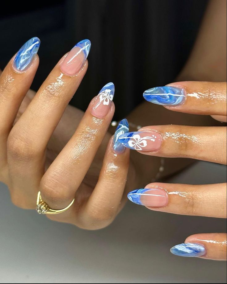 blue nails, marble nails, flower nails, hibiscus nails, gelx, acrylics, almond nails, summer nails, beach aesthetic, beach nails, Hawaiian Nails, Grad Nails, Hawaii Nails, Beach Nail Designs, Beachy Nails, Wow Nails, Summery Nails, Girly Acrylic Nails, Cute Summer Nails