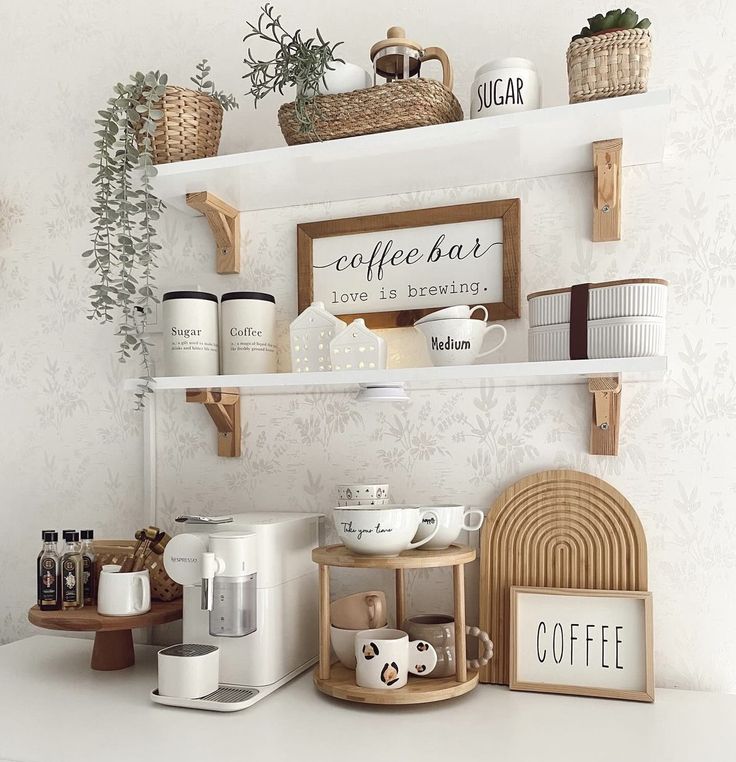 there are coffee cups and other items on the shelves