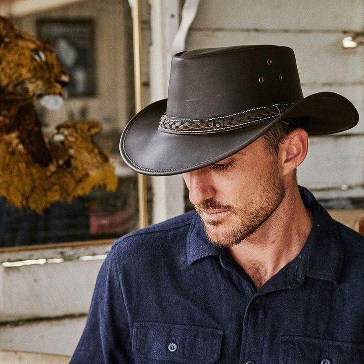 The Down Under Leather Hat can be crushed but still keeps it's shape. Made from sturdy Buffalo hide leather treated with waxes and oils to protect it from the elements. #Hat  #MensFashion  #OutbackStyleHats   #OutbackHats Western Hats With Leather Lining And Flat Brim, Brimmed Leather Hats For Rodeo, Western Hats With Leather Lining And Adjustable Fit, Leather Ranch Hat With Flat Brim, Western Style Leather Hat With Short Brim, Rugged Leather Hat Bands For Ranch, Leather Fedora For Rodeo With Short Brim, Rugged Leather Hat Bands For Outdoor, Western Style Leather Hat With Leather Sweatband