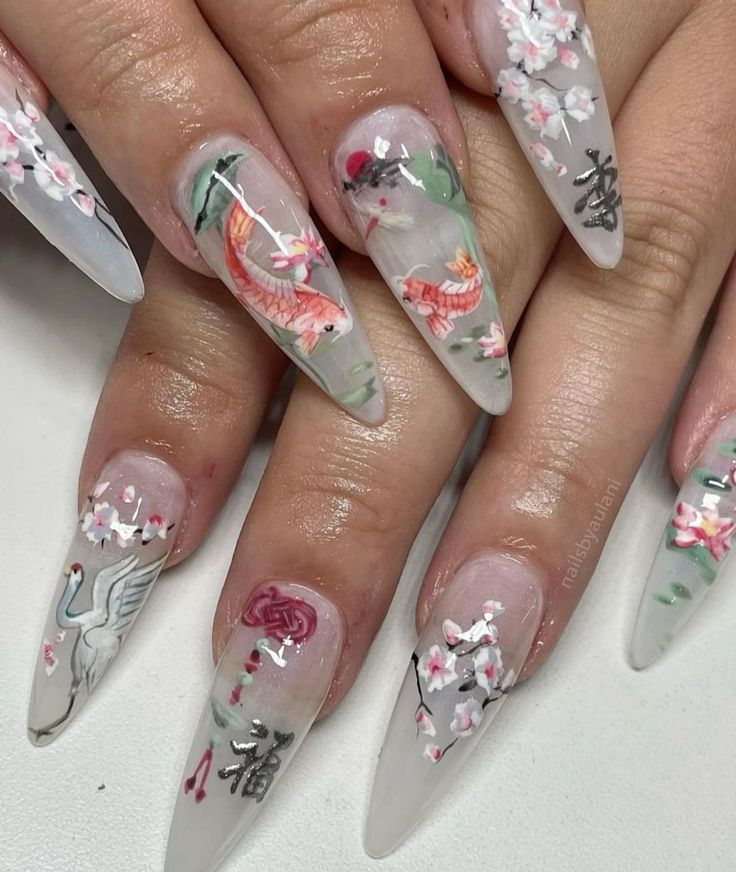 Koi Nails Designs, Fish Nail Design, Koi Fish Nails, Nail Art Almond Nails, Fish Nail Art, Fish Nails, Koi Fishes, Japanese Nail Design, Jade Nails