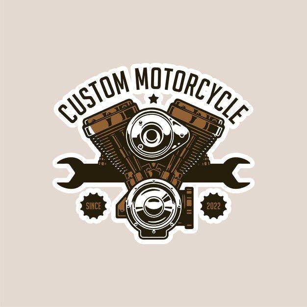 a motorcycle engine with the words custom motorcycle on it's side and two wrenches