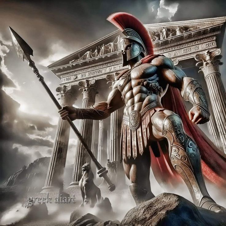 a man dressed in roman armor holding a spear and standing next to an ancient building