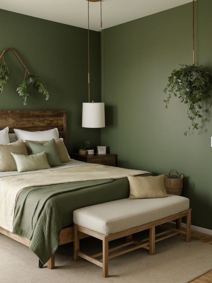 a bedroom with green walls and a bed in the middle, two plants hanging on the wall