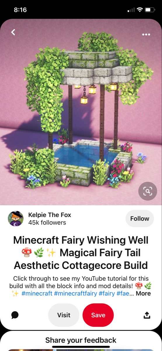 an iphone screen with the text, minecraft fairy wishing well asteric cottage build