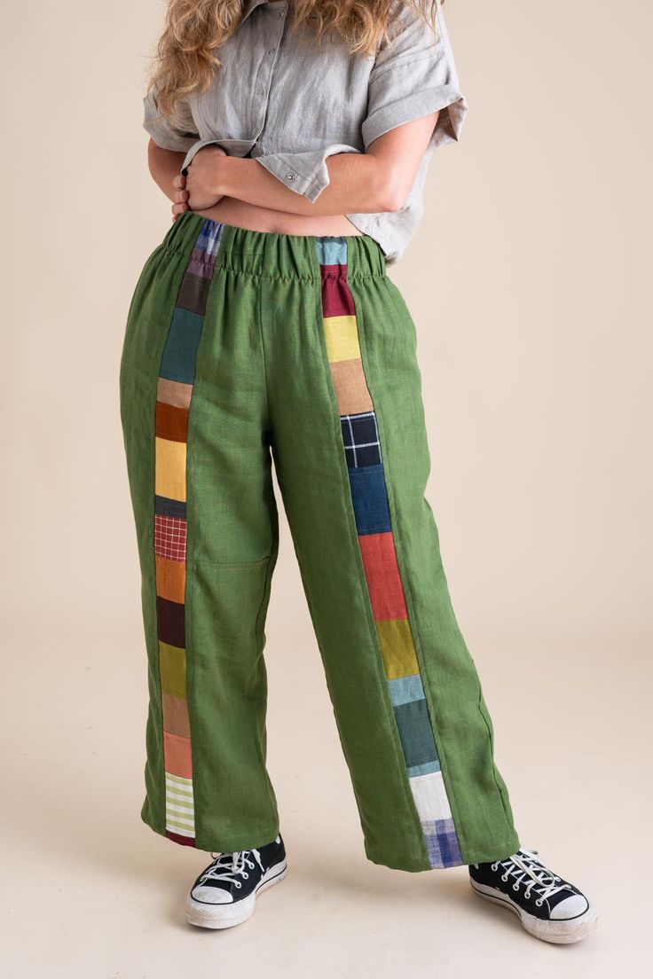 Stand out in our Patchwork Sunset Pants—a one-of-a-kind masterpiece crafted from a collection of cotton and linen fabric scraps we've carefully saved throughout the year. These unique pants are perfect for transitioning effortlessly between summer and fall, and back again. Stripe colors/fabrics will vary. Features: One-of-a-Kind Design: Each pair is a unique patchwork of carefully selected fabric scraps. Versatile Styling: Ideal for shifting seasons, blending summer ease with autumn warmth. Pull Patchwork Wide Leg Bottoms With Relaxed Fit, Wide Leg Bottoms With Patchwork And Relaxed Fit, Relaxed Fit Wide Leg Patchwork Bottoms, Spring Patchwork Straight Pants, Green Patchwork Pants For Spring, Patchwork Relaxed Fit Ankle-length Bottoms, Spring Cotton Patchwork Pants, Spring Relaxed Fit Patchwork Pants, Relaxed Fit Patchwork Pants For Spring