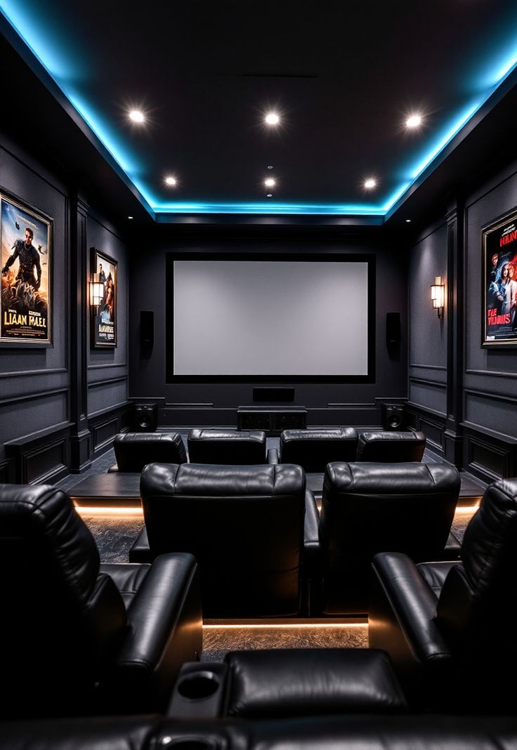 Finished Basement Ideas Easy Home Theater Ideas, Movie Theater Cabinets, Small Room Home Theater, Home Theater Wallpaper, Narrow Movie Room, Home Surround Sound Ideas, Gray Theater Room, Rustic Movie Theater Room, Man Cave Theater Room