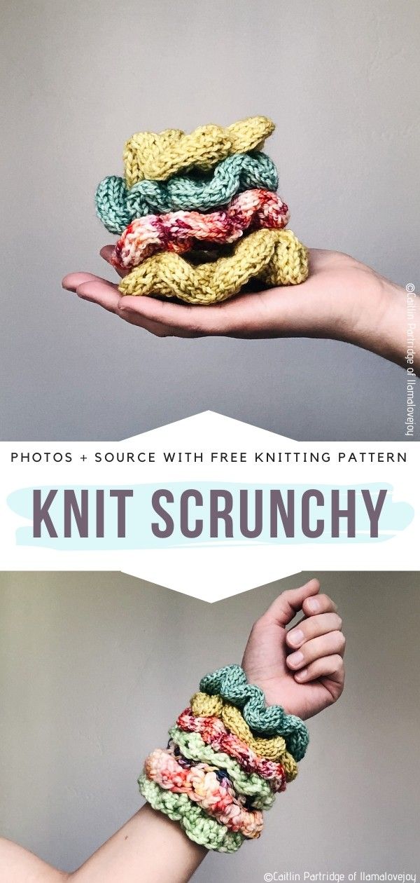 two hands holding knitted bracelets with text overlay that reads, photos - source with free knitting pattern