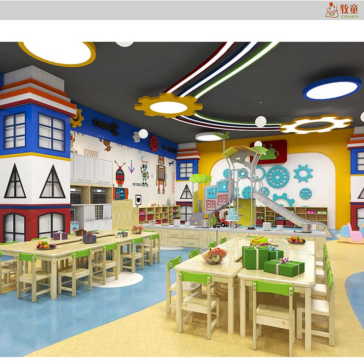 the children's playroom is decorated in bright colors