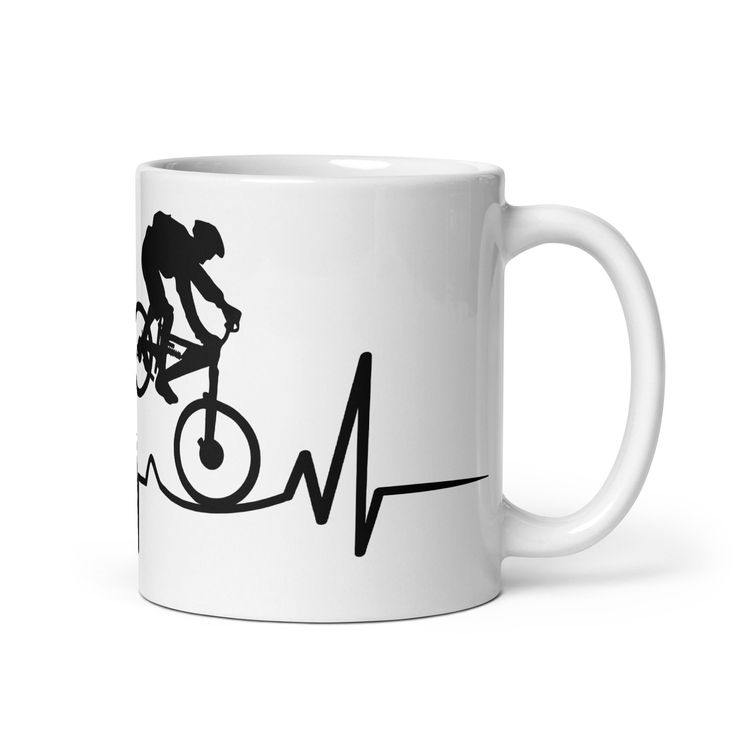 a white coffee mug with a bicycle rider on it's side and the words bike heartbeat written in black