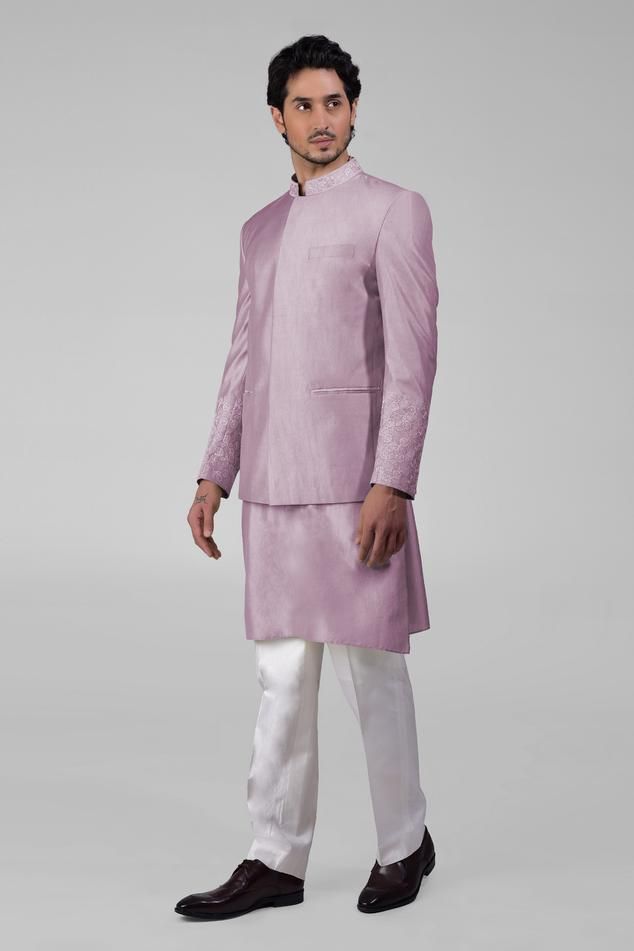 Elderberry purple bandhgala jacket crafted in pure matka silk featuring intricate thread embroidery details. Paired with a coordinating kurta and pant, both in matching silk fabric., Fit: Relaxed Kurta Set Men, Kurta Set For Men, Purple Silk, Thread Embroidery, Band Collar, Fabric Silk, Kurta Set, Embroidered Silk, Embroidery Details