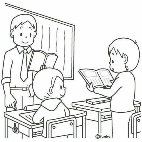 a black and white drawing of a teacher reading to his students